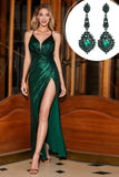 Sparkly Dark Green Spaghetti Straps Long Formal Dress With Accessory