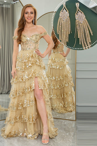 Princess A-Line Off The Shoulder Gold Tiered Formal Dress with Accessories Set