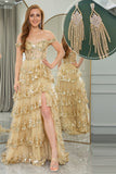 Princess A-Line Off The Shoulder Gold Tiered Formal Dress with Accessories Set