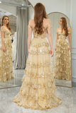 Princess A-Line Off The Shoulder Gold Tiered Formal Dress with Accessories Set