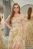 Princess A-Line Off The Shoulder Gold Tiered Formal Dress with Accessories Set