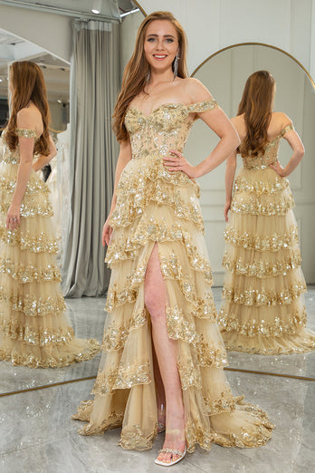 Princess A-Line Off The Shoulder Gold Tiered Formal Dress with Accessories Set