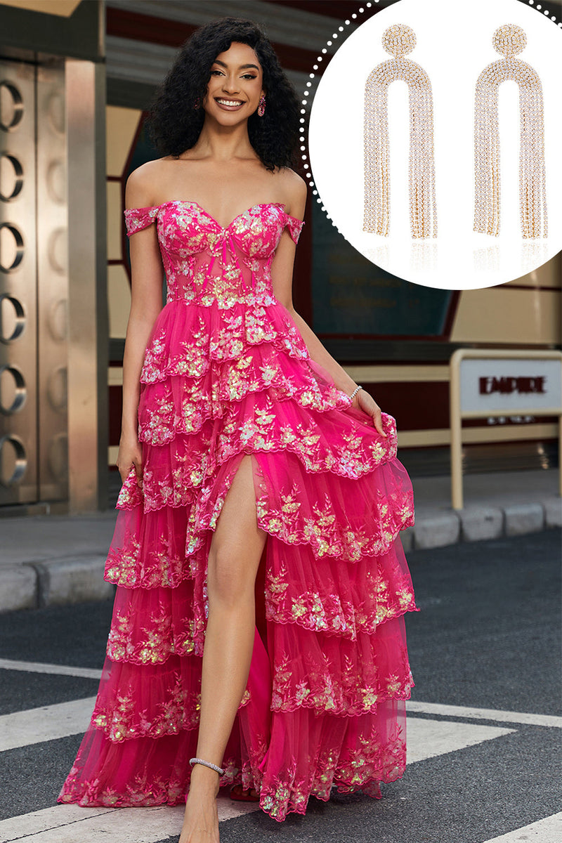 Load image into Gallery viewer, Trendy A Line Off the Shoulder Fuchsia Split Front Corset Formal Dress with Accessories Set