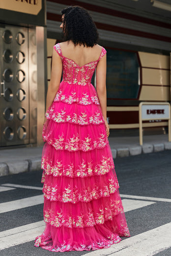 Trendy A Line Off the Shoulder Fuchsia Split Front Corset Formal Dress with Accessories Set