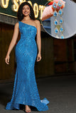 Mermaid One Shoulder Blue Long Formal Dress with Sequins with Accessories Set