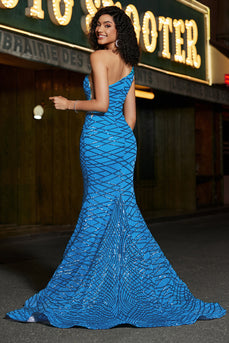 Mermaid One Shoulder Blue Long Formal Dress with Sequins with Accessories Set