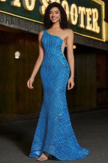 Mermaid One Shoulder Blue Long Formal Dress with Sequins with Accessories Set