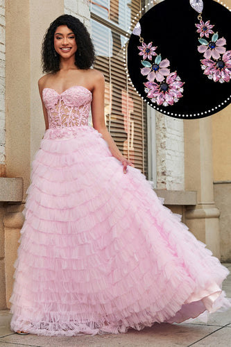 Pink A-Line Strapless Tiered Long Corset Formal Dress with Accessories Set