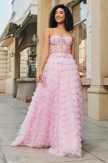 Pink A-Line Strapless Tiered Long Corset Formal Dress with Accessories Set