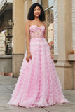 Pink A-Line Strapless Tiered Long Corset Formal Dress with Accessories Set