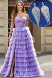 Purple Tulle A-Line Tiered Long Formal Dress With Accessories Set