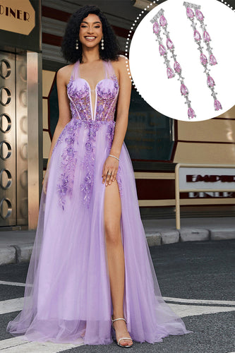 Gorgeous A Line Halter Neck Grey Purple Corset Applique Formal Dress With Accessories Set