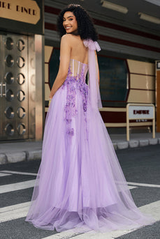 Gorgeous A Line Halter Neck Grey Purple Corset Applique Formal Dress With Accessories Set