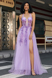 Gorgeous A Line Halter Neck Grey Purple Corset Applique Formal Dress With Accessories Set