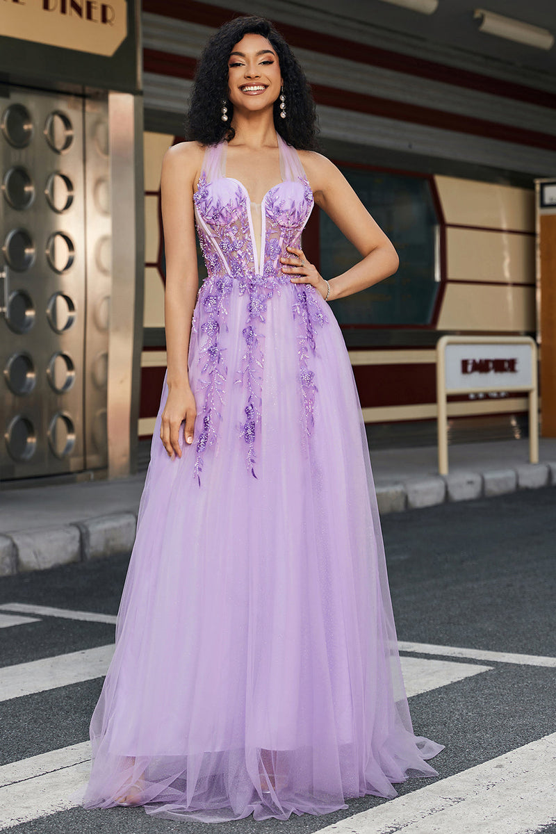 Load image into Gallery viewer, Gorgeous A Line Halter Neck Grey Purple Corset Applique Formal Dress With Accessories Set