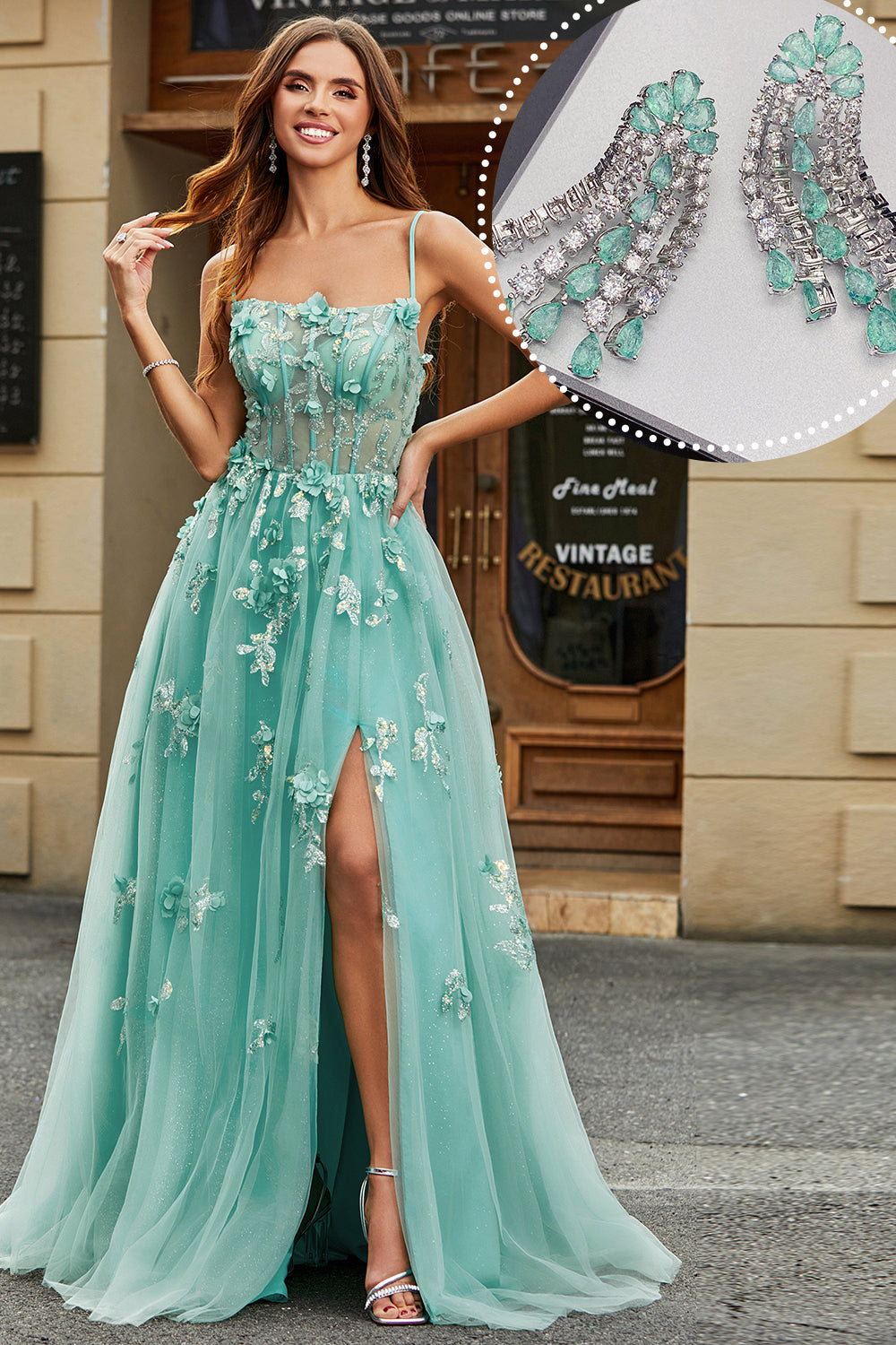 A-Line Green Tulle Corset Applique Long Formal Dress With Accessories Set