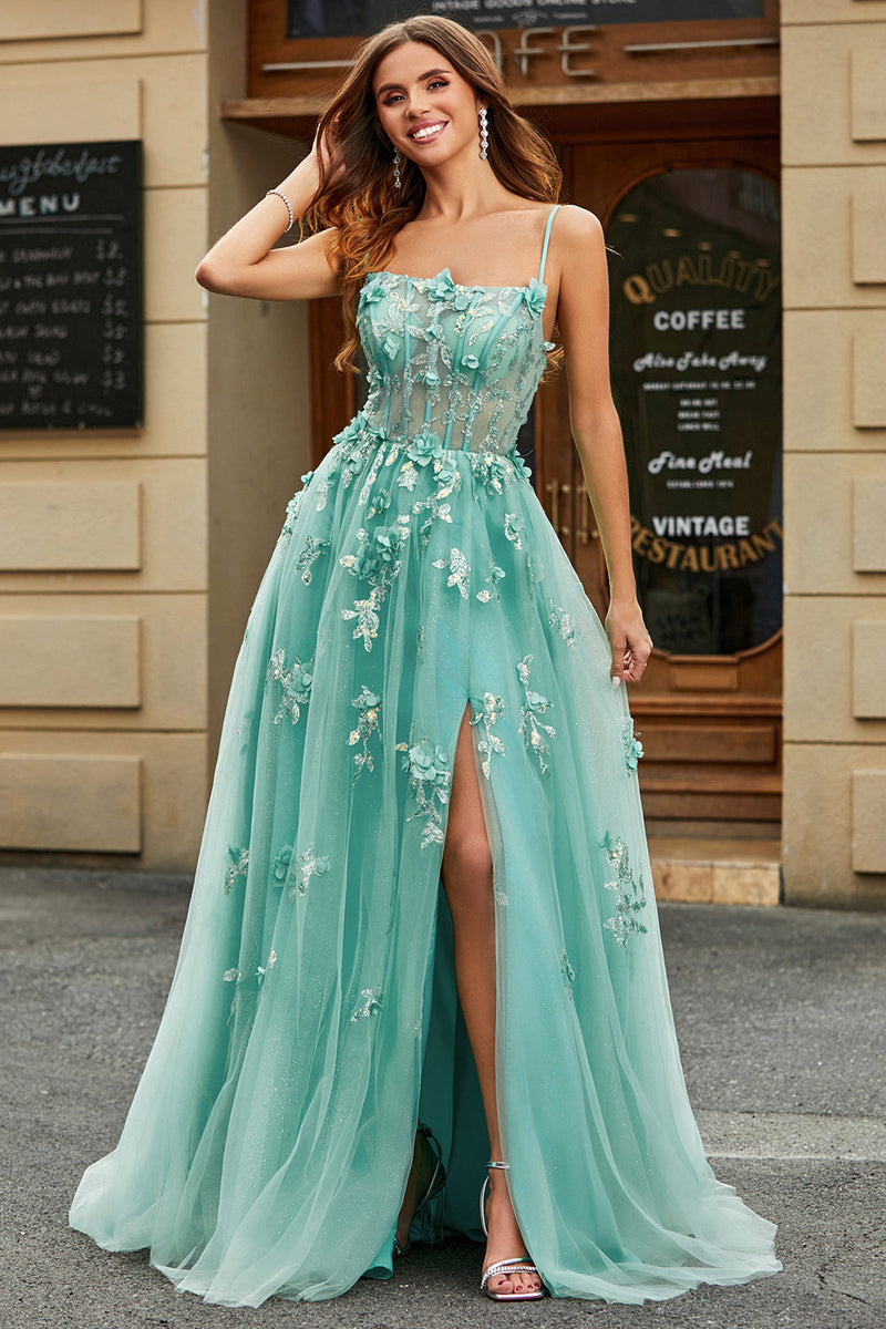 Load image into Gallery viewer, A-Line Green Tulle Corset Applique Long Formal Dress With Accessories Set