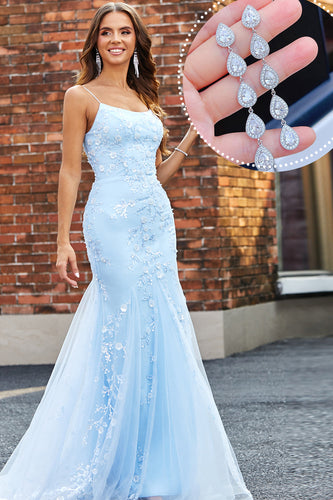Light Blue Sparkly Beaded Mermaid Long Formal Dress With Accessories Set