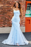 Light Blue Sparkly Beaded Mermaid Long Formal Dress With Accessories Set