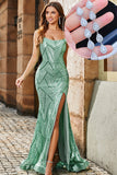 Trendy Mermaid Spaghetti Straps Green Long Formal Dress with Criss Cross Back And Accessories Set