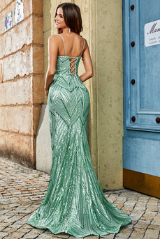 Trendy Mermaid Spaghetti Straps Green Long Formal Dress with Criss Cross Back And Accessories Set