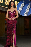 Sparkly Mermaid Spaghetti Straps Fuchsia Sequins Long Formal Dress with Accessories Set