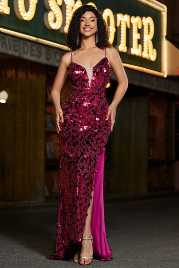 Sparkly Mermaid Spaghetti Straps Fuchsia Sequins Long Formal Dress with Accessories Set