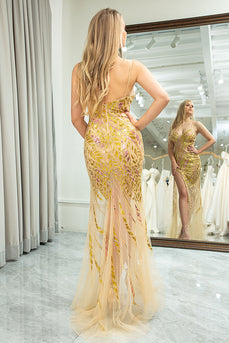Stunning Mermaid Spaghetti Straps Golden Split Front Prom Dress with Accessories Set