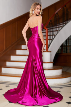 Hot Pink Strapless Satin Corset Long Formal Dress With Accessory
