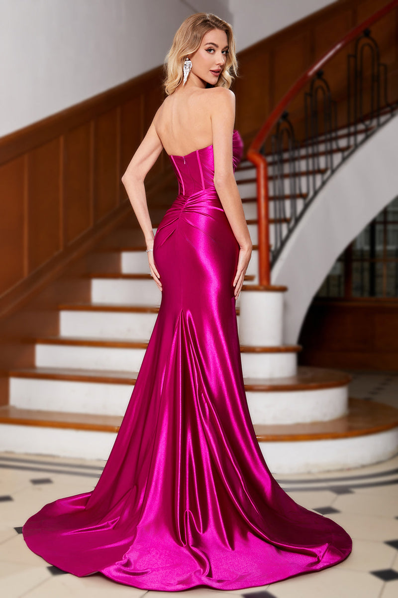 Load image into Gallery viewer, Hot Pink Strapless Satin Corset Long Formal Dress With Accessory