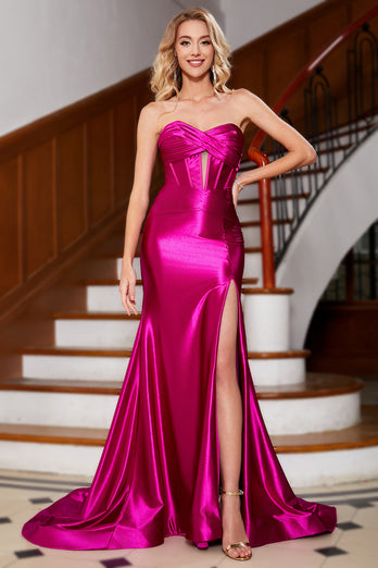 Hot Pink Strapless Satin Corset Long Formal Dress With Accessory