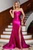 Load image into Gallery viewer, Hot Pink Strapless Satin Corset Long Formal Dress With Accessory