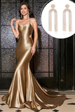 Mermaid Golden Spaghetti Straps Formal Dress with Accessory