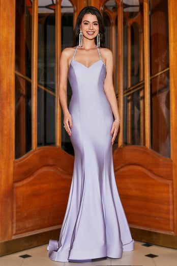 Halter Lilac Mermaid Spaghetti Straps Long Formal Dress with Accessory