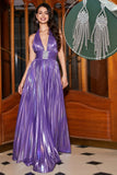 Sparkly Halter Pleated Purple Formal Dress with Accessory