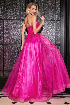 Hot Pink A-Line Long Corset Prom Dress with Accessory