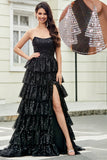 Black Strapless A-Line Long Tiered Formal Dress with Accessory