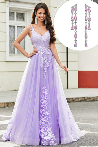 Lilac A Line Appliques Long Formal Dress with Accessory