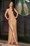 Golden Sequins Long Formal Dress with Accessory