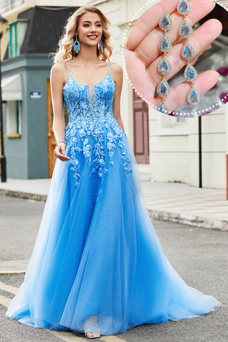Blue A Line Appliques Tulle Long Formal Dress with Accessory
