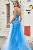 Blue A Line Appliques Tulle Long Formal Dress with Accessory