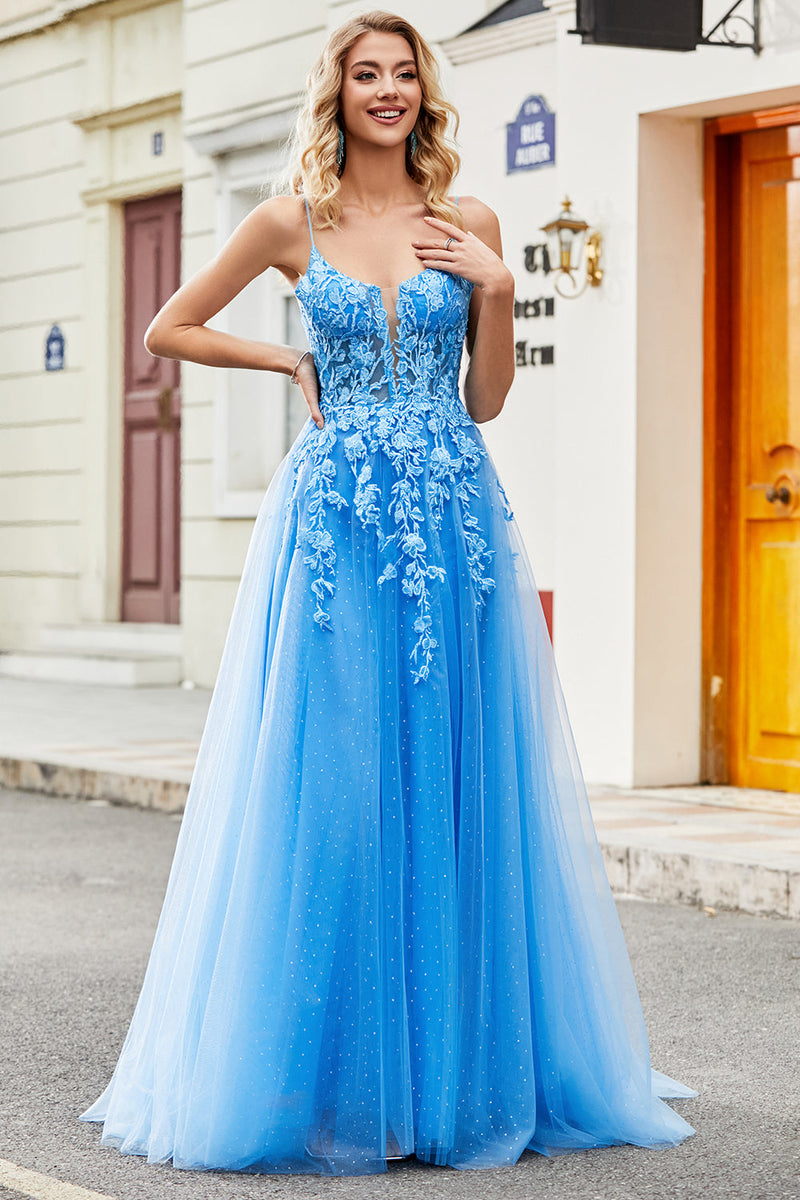 Load image into Gallery viewer, Blue A Line Appliques Tulle Long Formal Dress with Accessory
