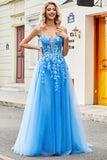 Blue A Line Appliques Tulle Long Formal Dress with Accessory