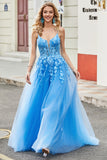 Blue A Line Appliques Tulle Long Formal Dress with Accessory