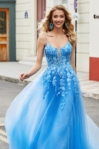 Blue A Line Appliques Tulle Long Formal Dress with Accessory
