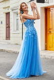 Blue A Line Appliques Tulle Long Formal Dress with Accessory