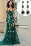 Sparkly Dark Green Mermaid Long Formal Dress with Accessory