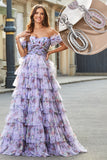 Removable Sleeves Purple Print Tiered Formal Dress with Accessory