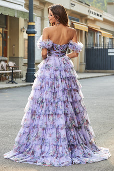 Removable Sleeves Purple Print Tiered Formal Dress with Accessory