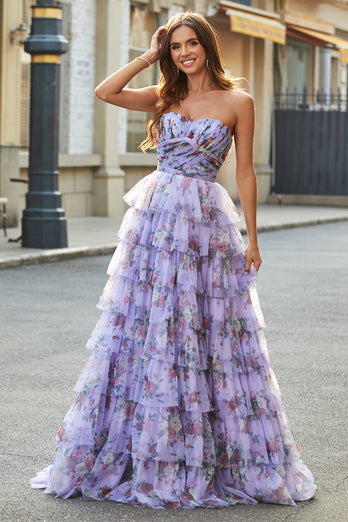 Removable Sleeves Purple Print Tiered Formal Dress with Accessory